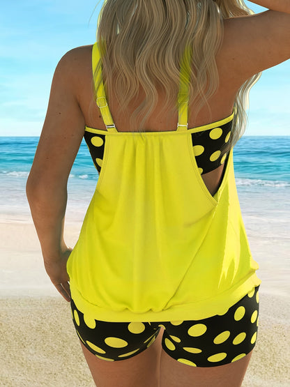 Polka Dot Print Ruched Hollow Out 2 Piece Set Tankini, Stretchy Scoop Neck Tank Top & Boxer Shorts Swimsuits, Women's Swimwear & Clothing