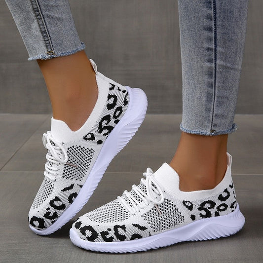 Women's Breathable & Lightweight Sneakers, Leopard Pattern Lace-up Running Shoes