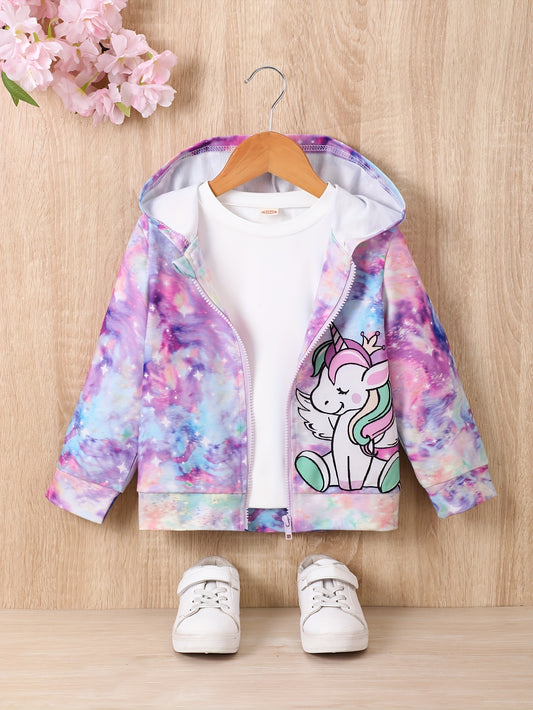 Girls Cute Gradient Unicorn Allover Zip-up Jackets Casual Loose Hooded Zipper Jacket