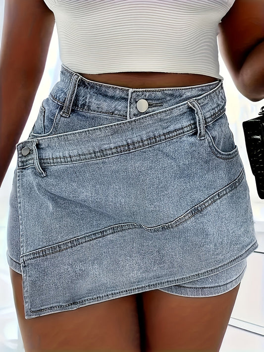 High-waisted Asymmetrical Crossover Denim Shorts