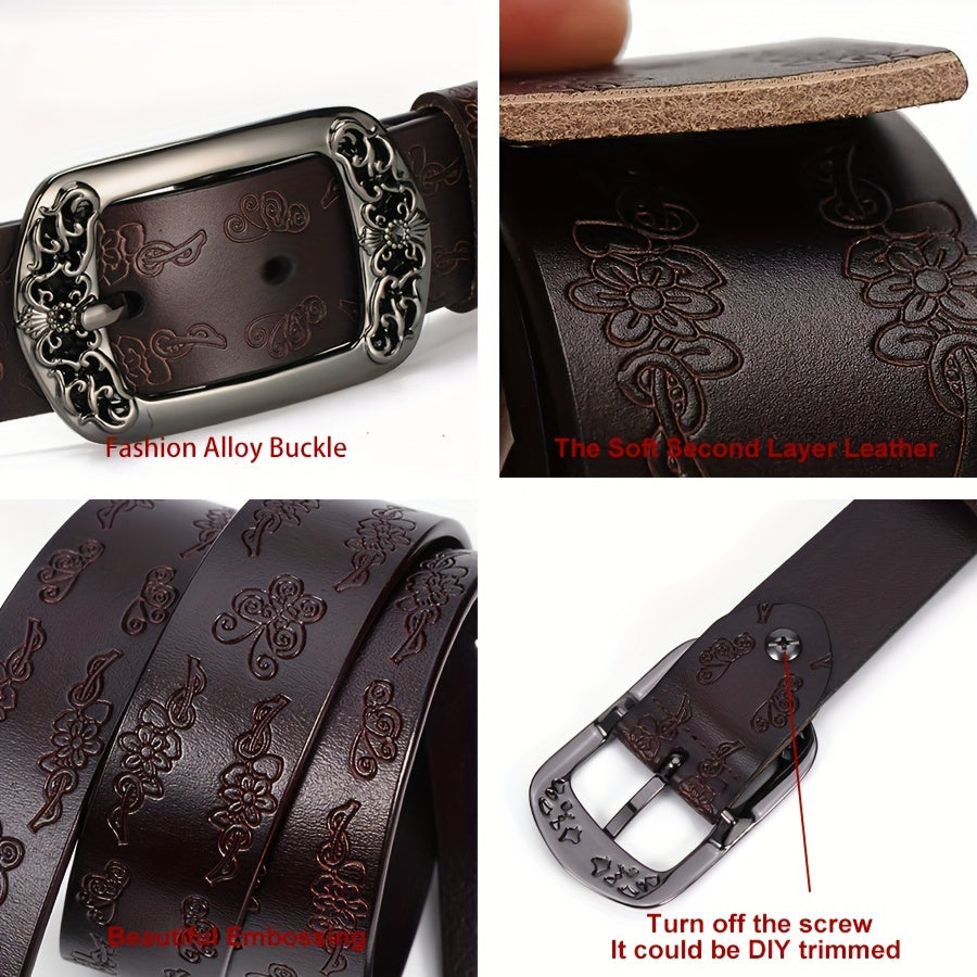 Vintage Embossed genuine Leather Belt Women Punk Rectangular Buckle Dress Belts Trend Jeans Belts