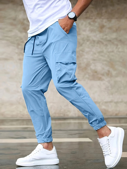 Men's Drawstring Cargo Pants, Flap Pocket Loose Trendy Jogger Pants, Mens Pants