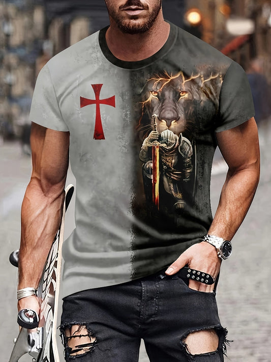 Holy Knight Print, Men's Graphic Design Crew Neck Active T-shirt, Casual Comfy Tees Tshirts