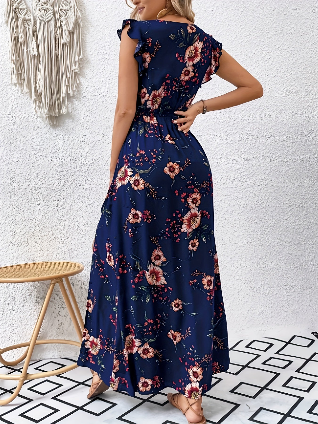 Floral Print V Neck Dress, Elegant Ruffle Sleeve Split Dress