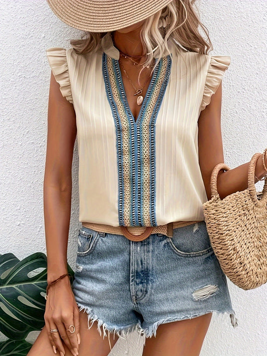 Lace Trim V Neck Blouse, Casual Ruffle Sleeve Top