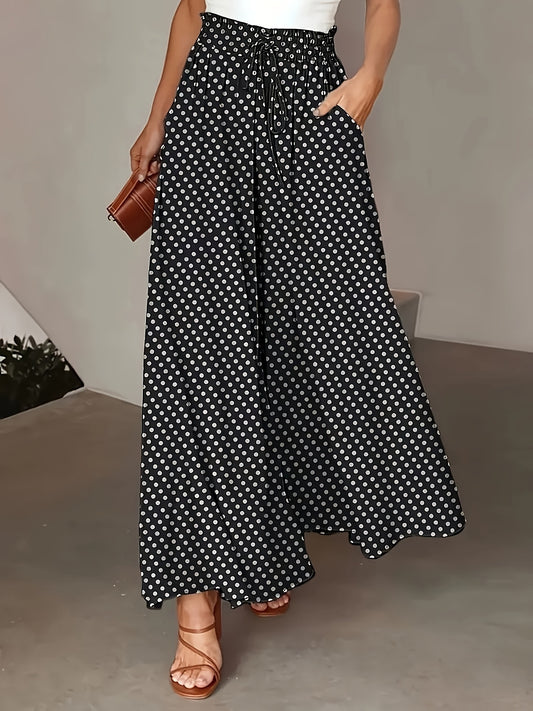 Polka Dot Wide Leg Pants, Casual Drawstring Elastic Waist Loose