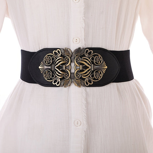 Black Elastic Elastic Belt With Retro Style Metal Buckle, Ladies Dress Belts Waist Accessory For Women