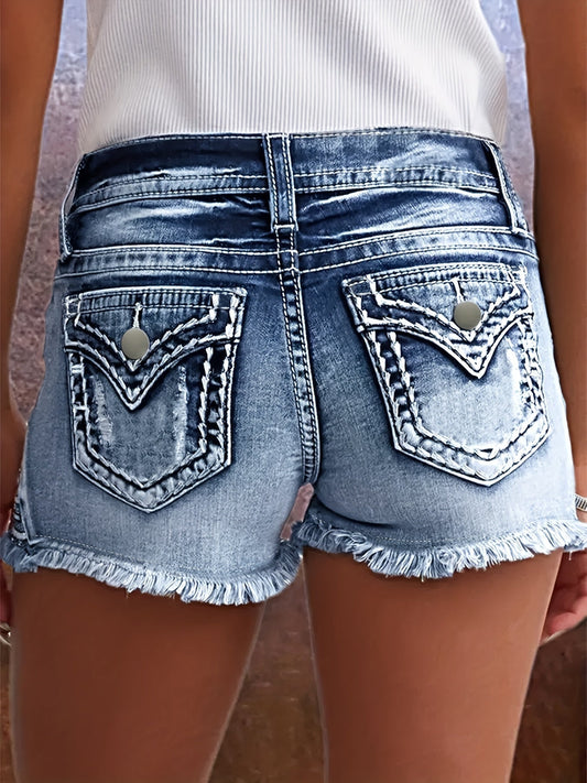 Embroidered Pockets Washed Denim Shorts