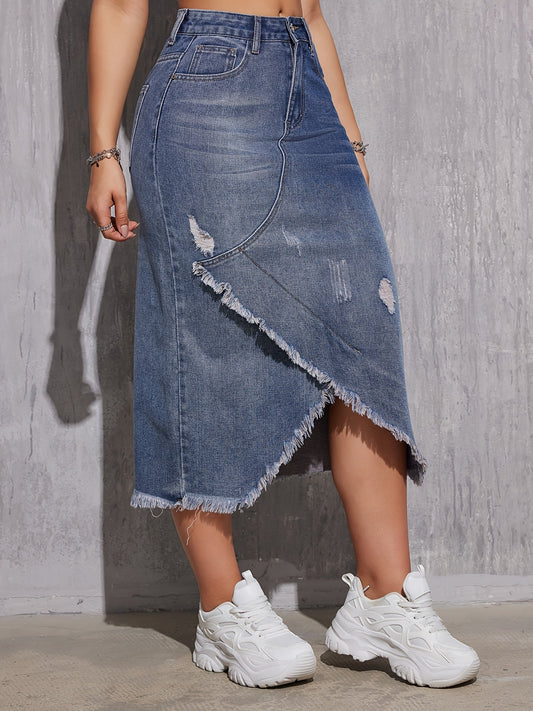 Asymmetric Raw Hem Split Denim Skirt