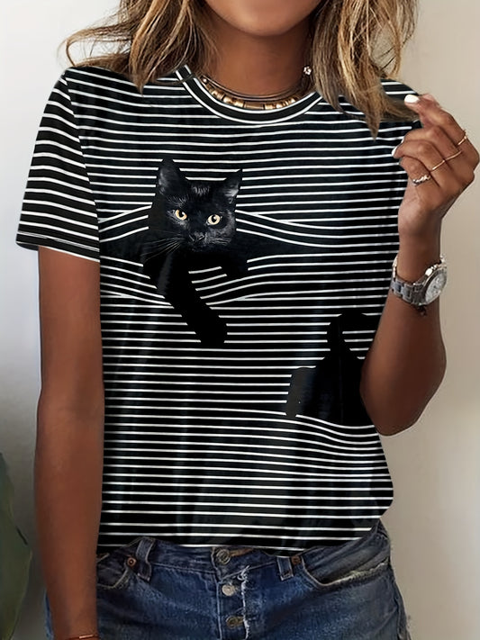 Stripe & Cat Print T-shirt