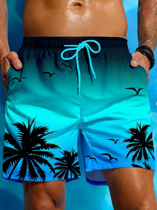 Double-layer Men's Gradient Color Sunset, Seagull And Coconut Tree Pattern Board Shorts With Drawstring And Pockets, Trendy And Stylish Shorts For Summer Beach Holiday And Leisurewear