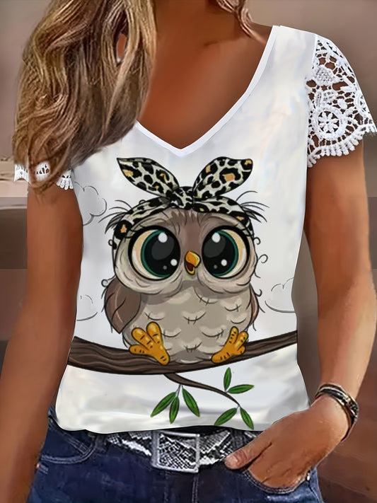 Cartoon Eagle Print V Neck T-Shirt