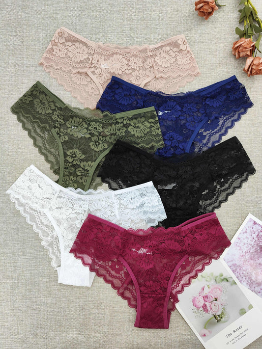 6pcs Floral Lace Briefs, Comfy & Breathable Scallop Trim Panties