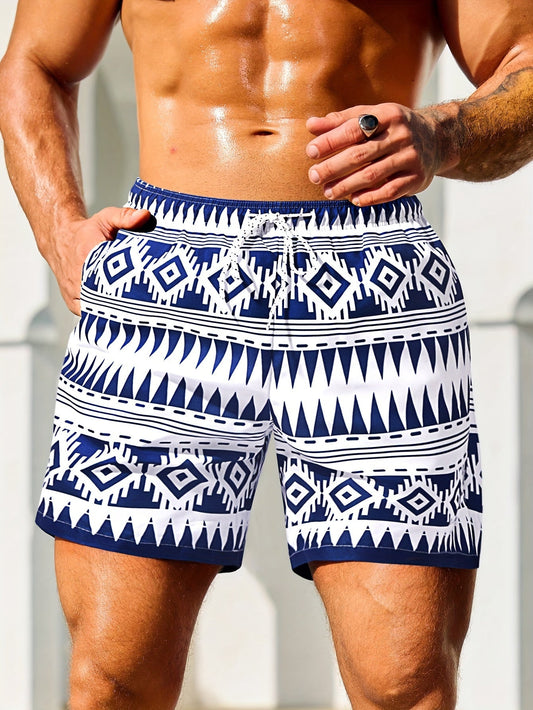 Ethnic Style Geometric Graphic Pattern Board Shorts With Drawstring And Pockets, Chic And Stylish Shorts For Summer Leisurewear And Holiday Wear