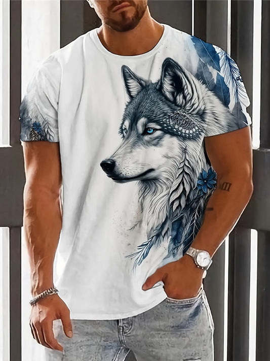 Ethnic Style Wolf Digital Print Men's Stylish Short Sleeve Crew Neck T-shirt