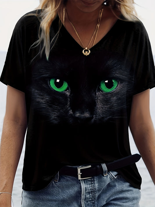 Cat Print V Neck T-shirt