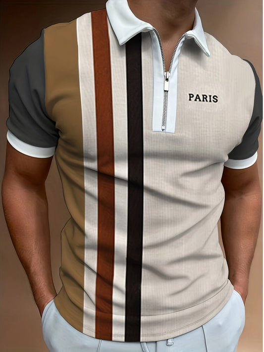 Men's Stripe Pattern Shirt, Casual Breathable Lapel Zip Up Short Sleeve Tee Top