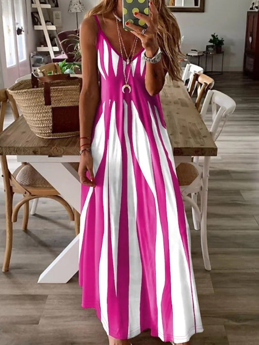 Striped Spaghetti Strap Dress, Elegant V Neck Sleeveless Cami Dress