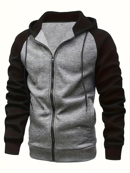 Spring And Autumn Men's Color Block Drawstring Hooded Long Sleeve Zip-up Jacket With Pockets