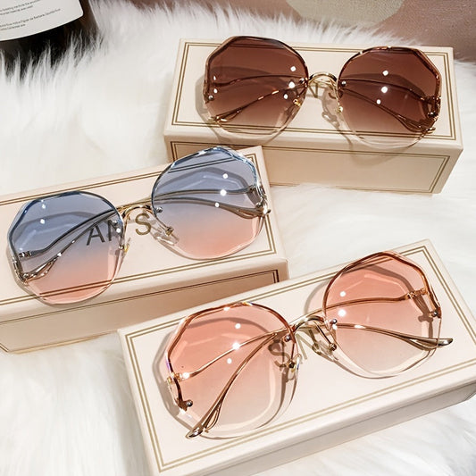 Stylish Irregular Rimless Sunglasses Oversized Gradient Color Metal Sunshade Eyeglasses Elegant Driving Eyewear