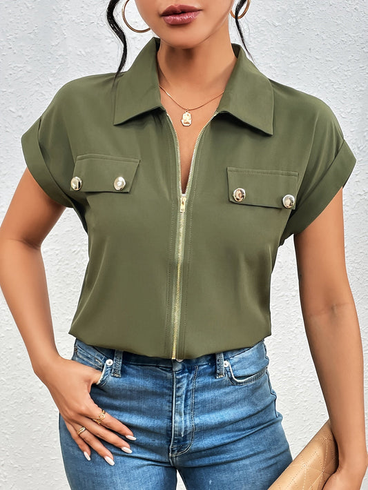 Solid Color Zipper Front Blouse, Casual Short Sleeve Blouse