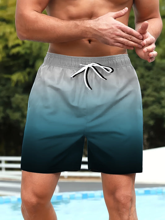 Men's Gradient Color Board Shorts With Drawstring And Pockets, Casual And Trendy Shorts For Summer Leisurewear And Beach Vacation Resorts