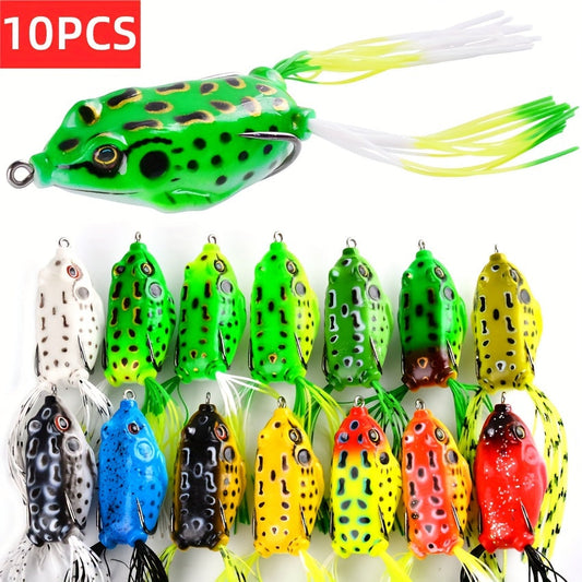 10pcs Topwater Frog Fishing Lure Set, Realistic Soft Bait With Sharp Hooks For Bass And Saltwater Freshwater Fishing, Fishing Accessories