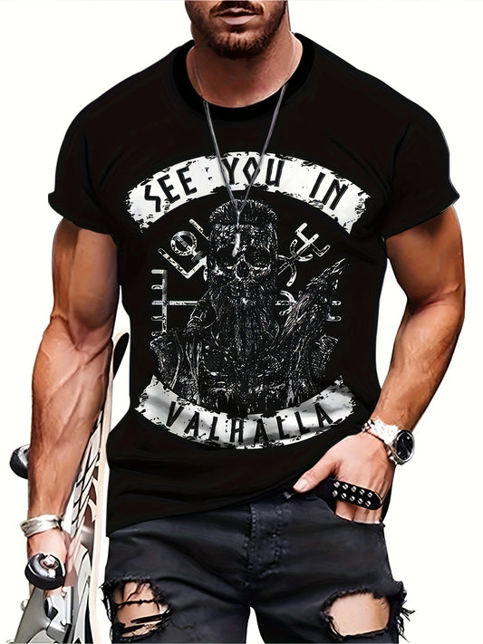 SEE YOU IN VALHALLA & Novelty Skull Pattern Print Crew Neck Short Sleeve T-shirt For Men