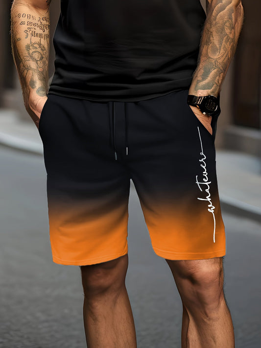 Men's Gradient Color And Alphabet Print "WHATEVER" Shorts With Drawstring And Pockets