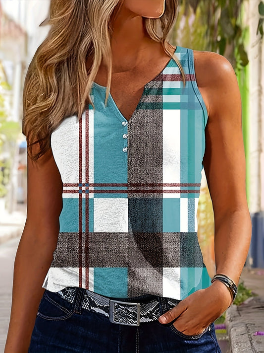 Plaid Pattern Notched V Neck Tank Top, Casual Button Detail Top For Spring & Summer, Women's Clothing