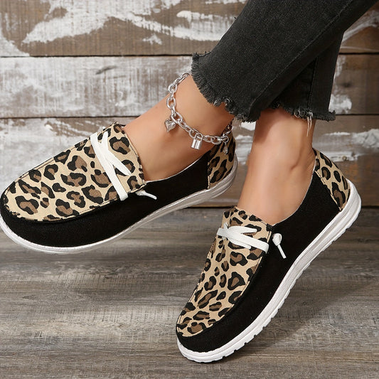 Women's Leopard Printed Canvas Shoes, Casual Round Toe Lace Up Sneakers, Versatile Low Top Flats