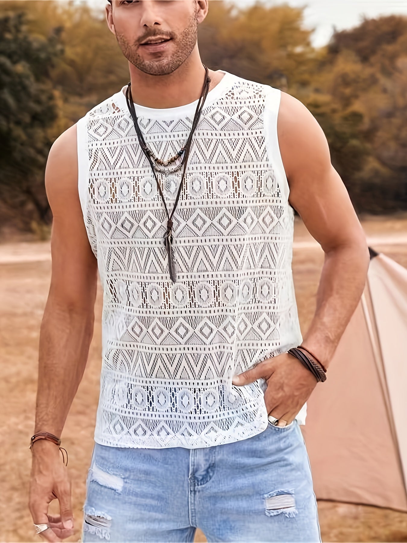 Men's Ethnic Hollow Out Tank Top, Casual Comfy Vest For Summer