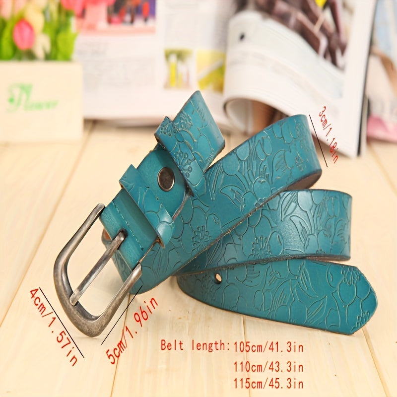 Vintage Pin Buckle Leather Belt For Women Classic Flower Embossed Belts Casual Jeans Pants Waistband