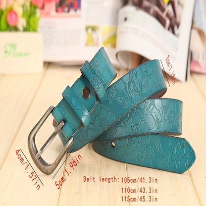 Vintage Pin Buckle Leather Belt For Women Classic Flower Embossed Belts Casual Jeans Pants Waistband