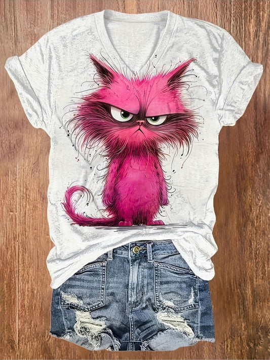 Cat Print V Neck T-Shirt