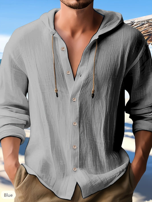 Men's Casual Button Up Hooded Shirt, Chic Hoodie, Hawaiian Shirt