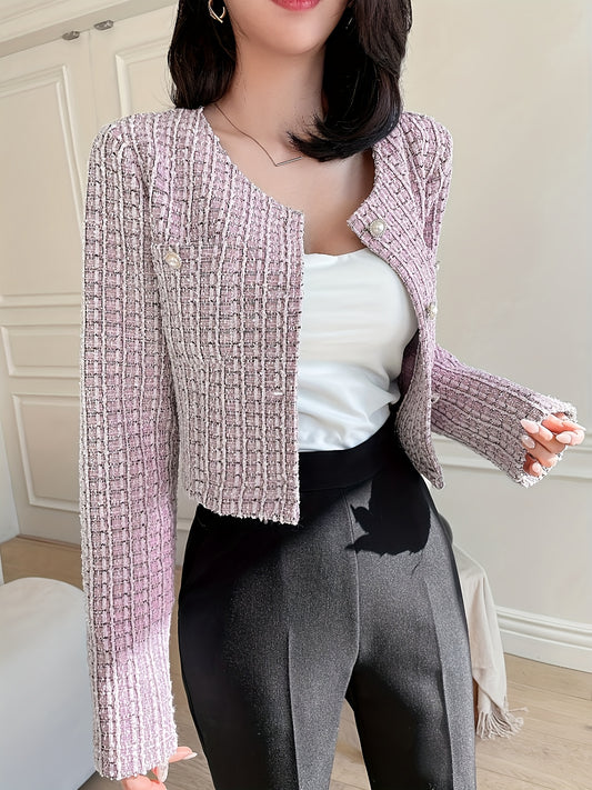 Button Front Tweed Coat, Elegant Long Sleeve Crop Coat