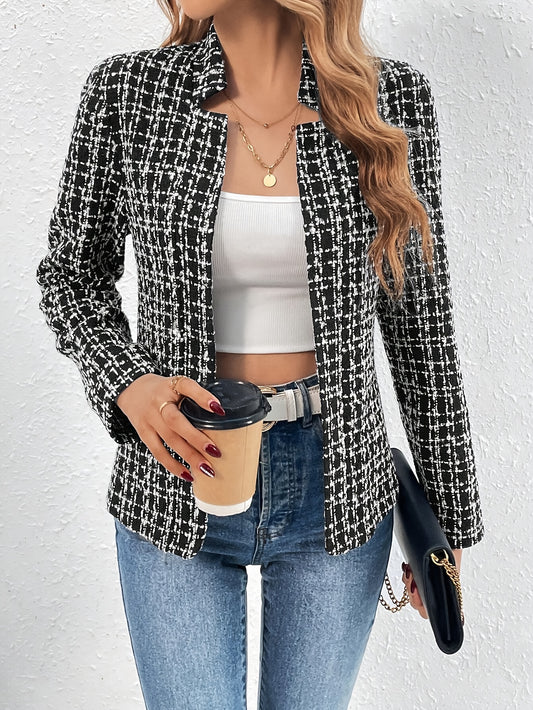 Houndstooth Pattern Open Front Blazer, Elegant Long Sleeve Blazer