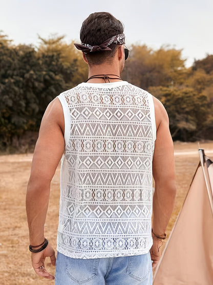 Men's Ethnic Hollow Out Tank Top, Casual Comfy Vest For Summer