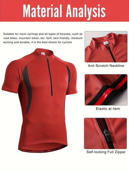 Men's Cycling Short Sleeve Performance Sports Shirt - Moisture-Wicking, Quick-Drying, Breathable, Windproof, Polyester Fabric, Zipper Detail