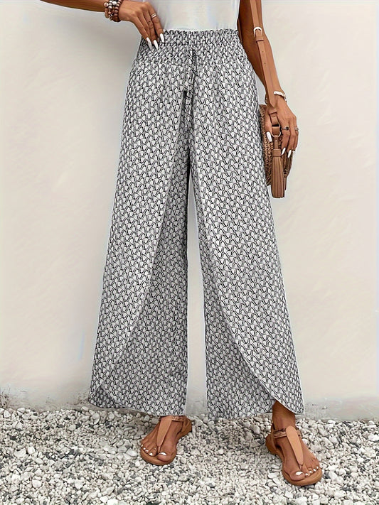 Allover Print Cross Loose Pants, Elegant Tied Wide Leg