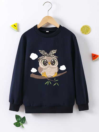 Cartoon Owl Graphic Print Girl's Trendy And Cozy Sweatshirt