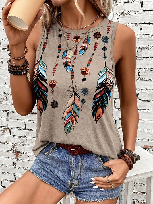 Tribal Print Crew Neck Tank Top, Vacation Sleeveless Tank Top For Summer, Women's Clothing