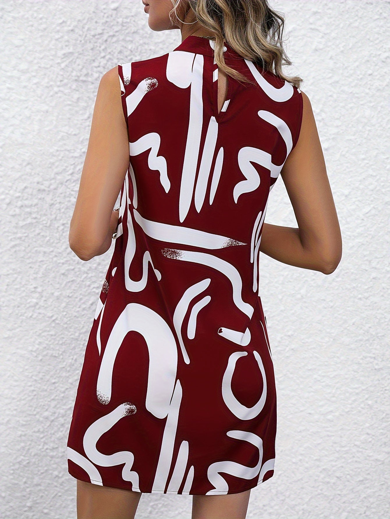 Brush Print Mock Neck Dress, Sleeveless Dress