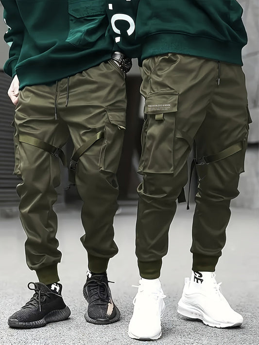 Trendy Solid Cargo Pants, Men's Multi Flap Pocket Trousers, Loose Casual Outdoor Pants