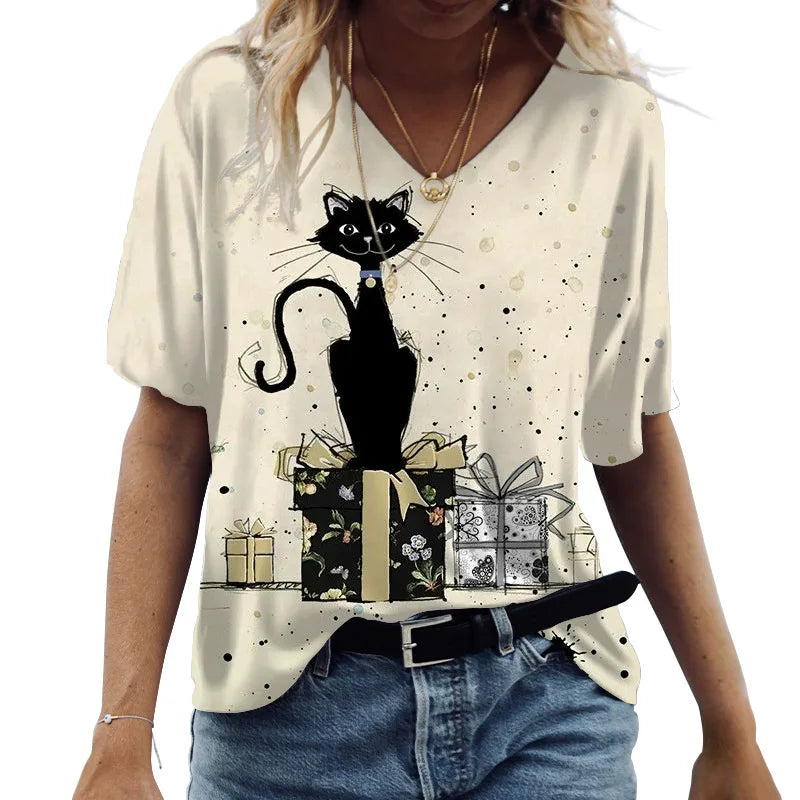 Women's T-shirt Cartoon Cat Print Summer