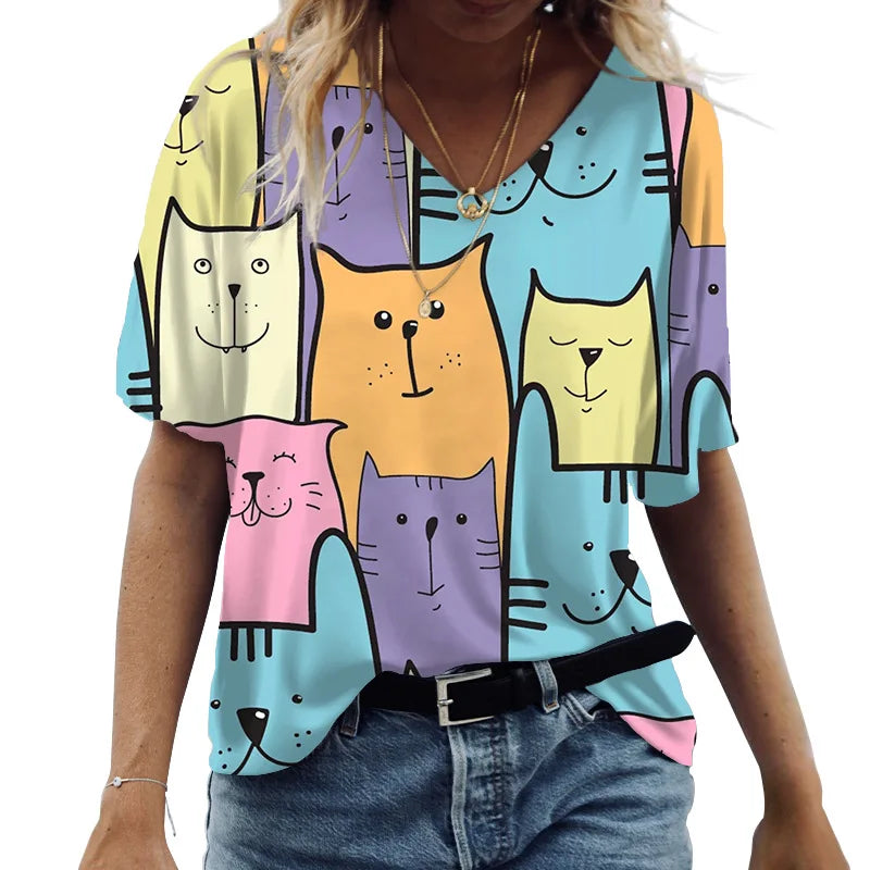 Women's T-shirt Cartoon Cat Print Summer