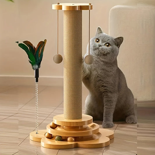 A durable solid wooden cat turntable grab post with teasing stick and climbing bracket-sword leaf cat toy to make your baby happy every day