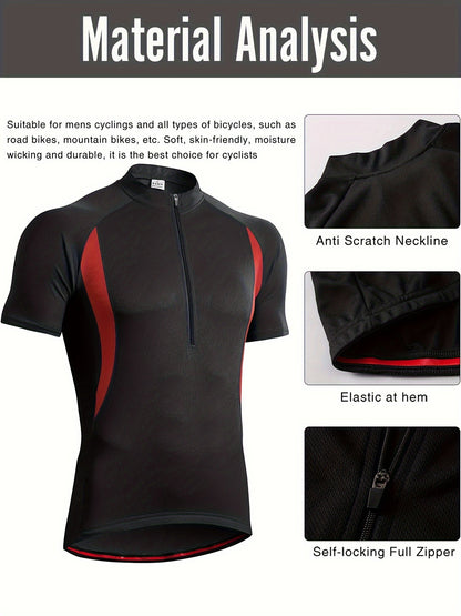 Men's Cycling Short Sleeve Performance Sports Shirt - Moisture-Wicking, Quick-Drying, Breathable, Windproof, Polyester Fabric, Zipper Detail