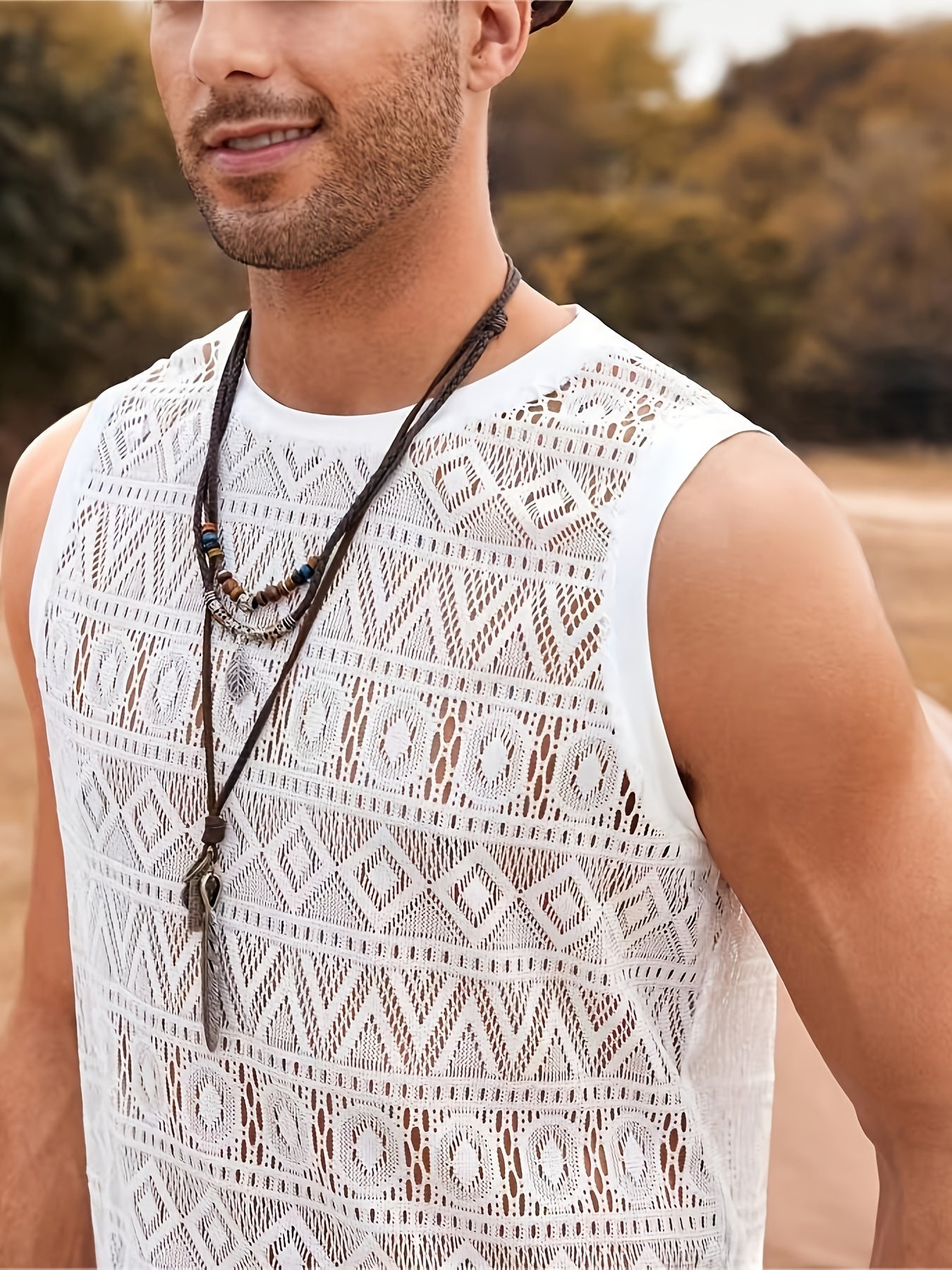 Men's Ethnic Hollow Out Tank Top, Casual Comfy Vest For Summer